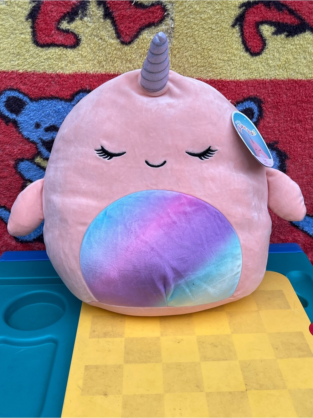 Squishmallows EVIE Pink Unicorn Narwhal Plush with Rainbow Belly